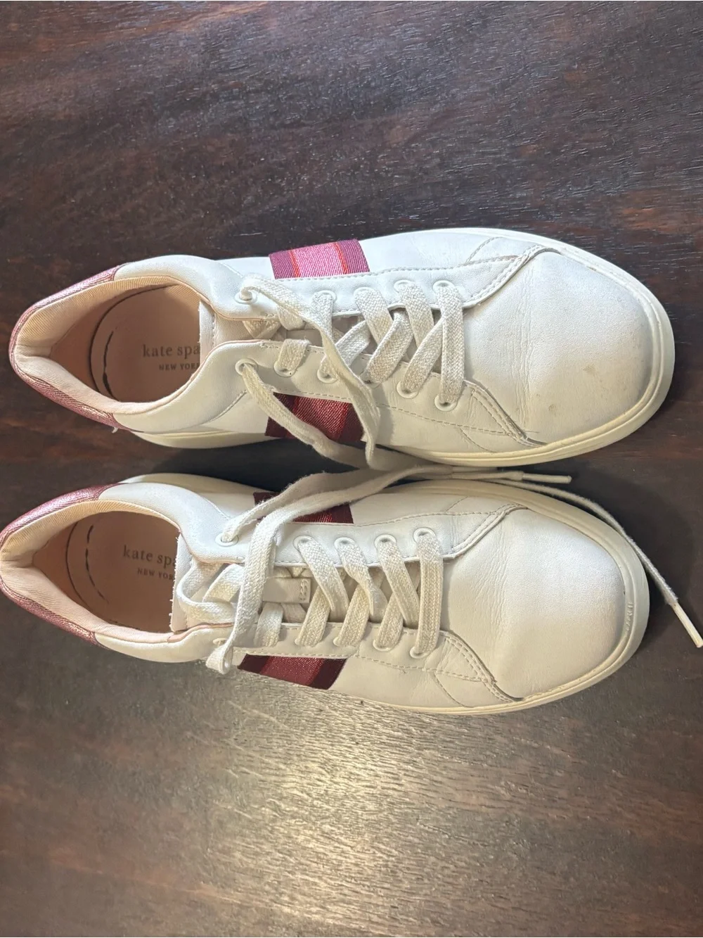 kate spade White Leather Sneakers with Pink Stripe